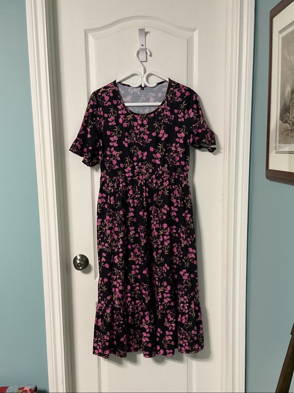 Floral Tiered Midi Dress in Black and Pink